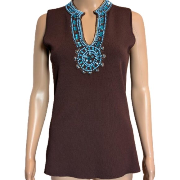 NWOT Belldini Brown Sleeveless Top with Turquoise Beadwork - Picture 2 of 10